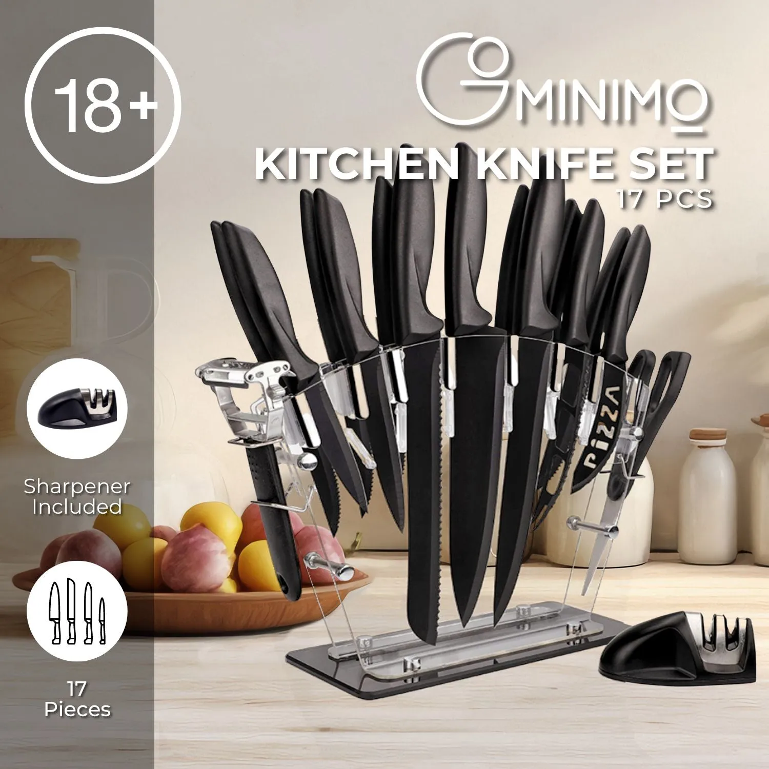 17 Pc Kitchen Knife Set with Acrylic Block, Sharpener - GOMINIMO