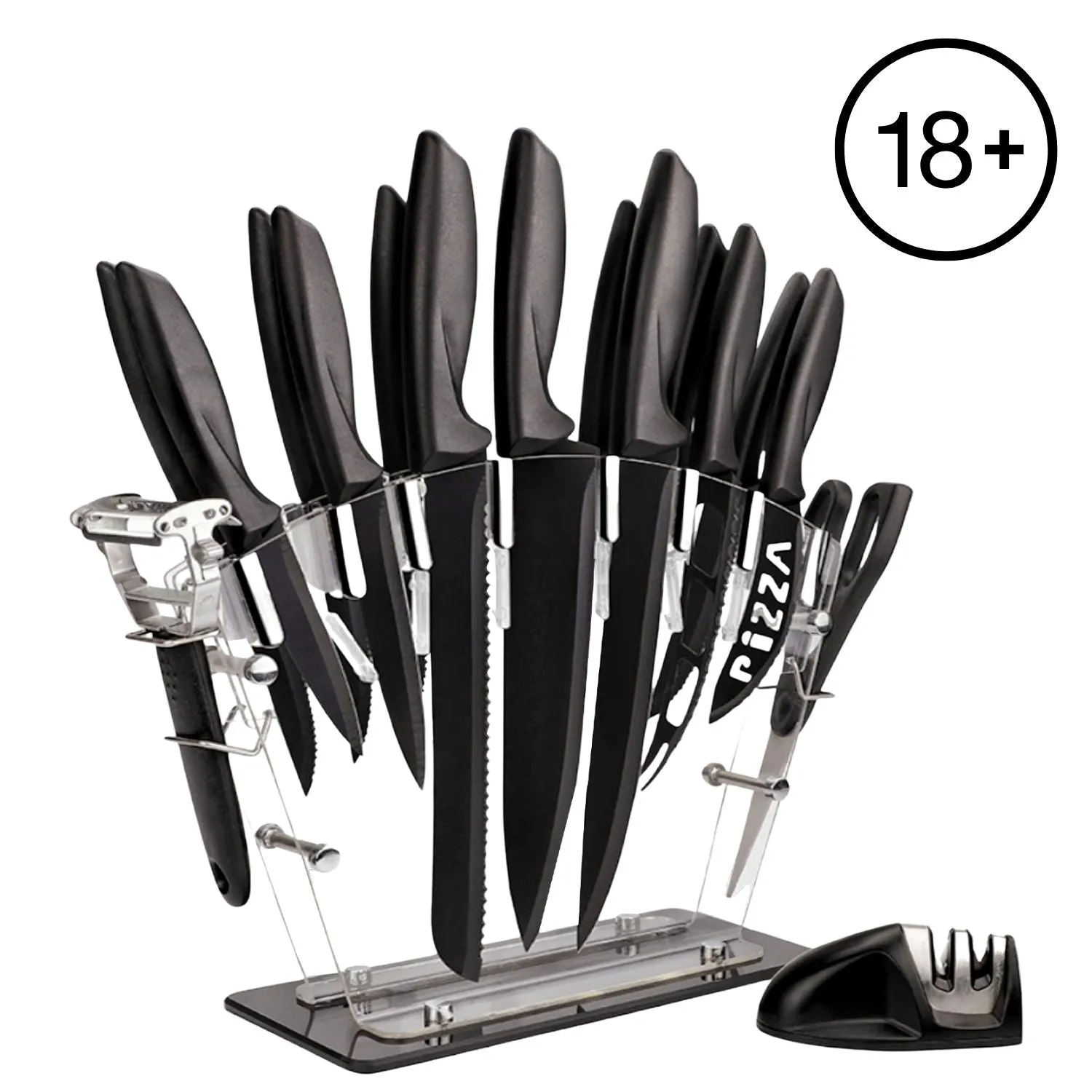 17 Pc Kitchen Knife Set with Acrylic Block, Sharpener - GOMINIMO