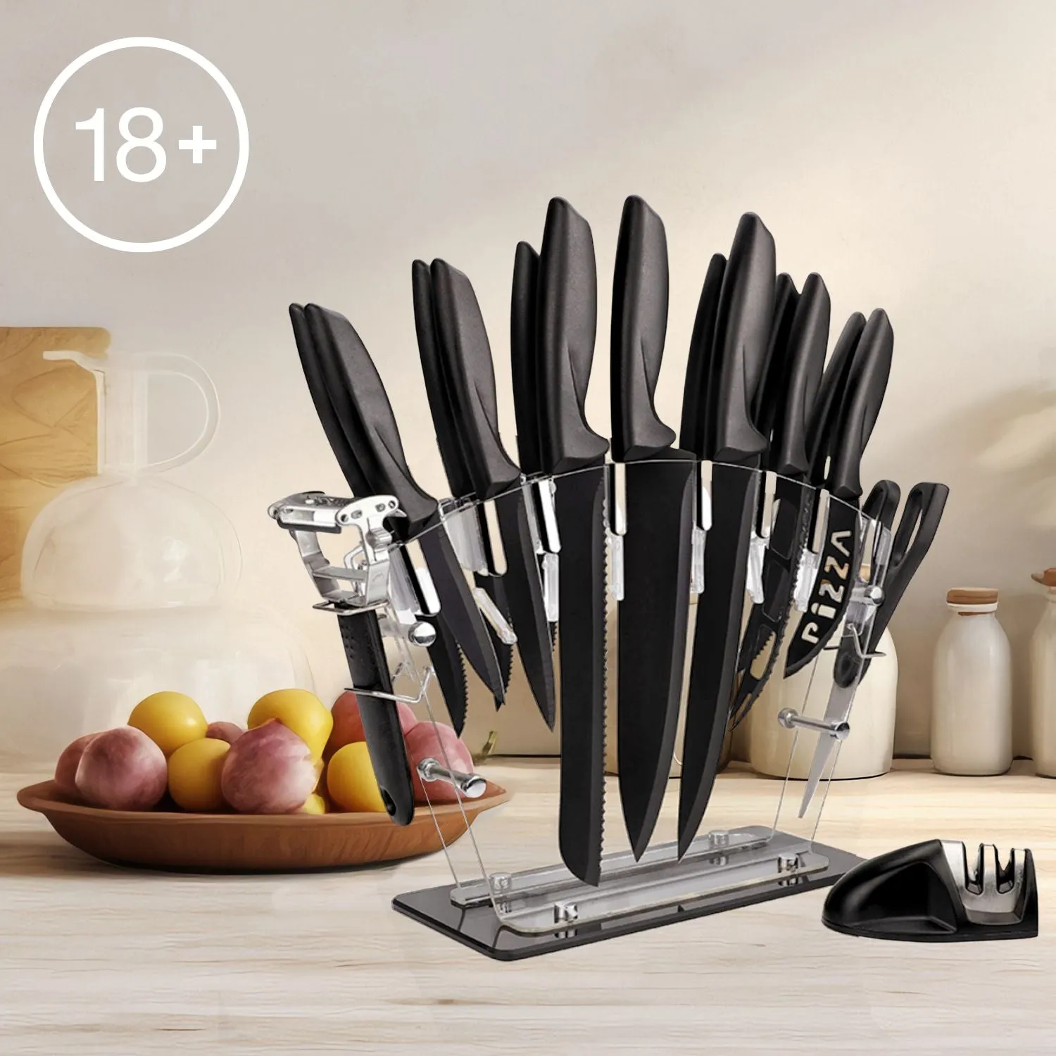 17 Pc Kitchen Knife Set with Acrylic Block, Sharpener - GOMINIMO