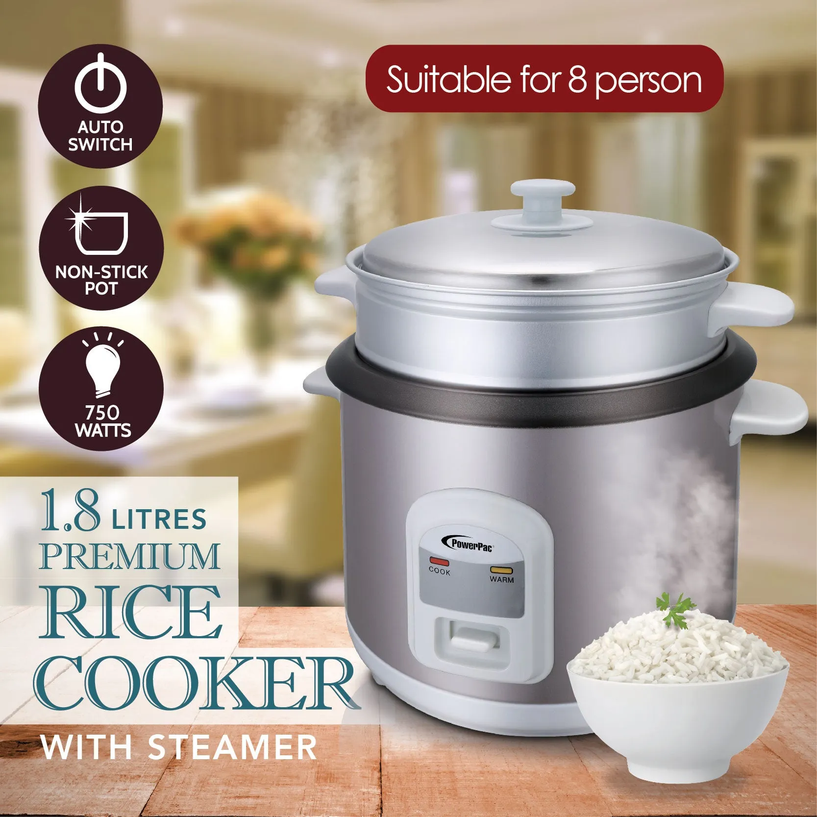 1.8L Rice Cooker with Steamer (PPRC68)