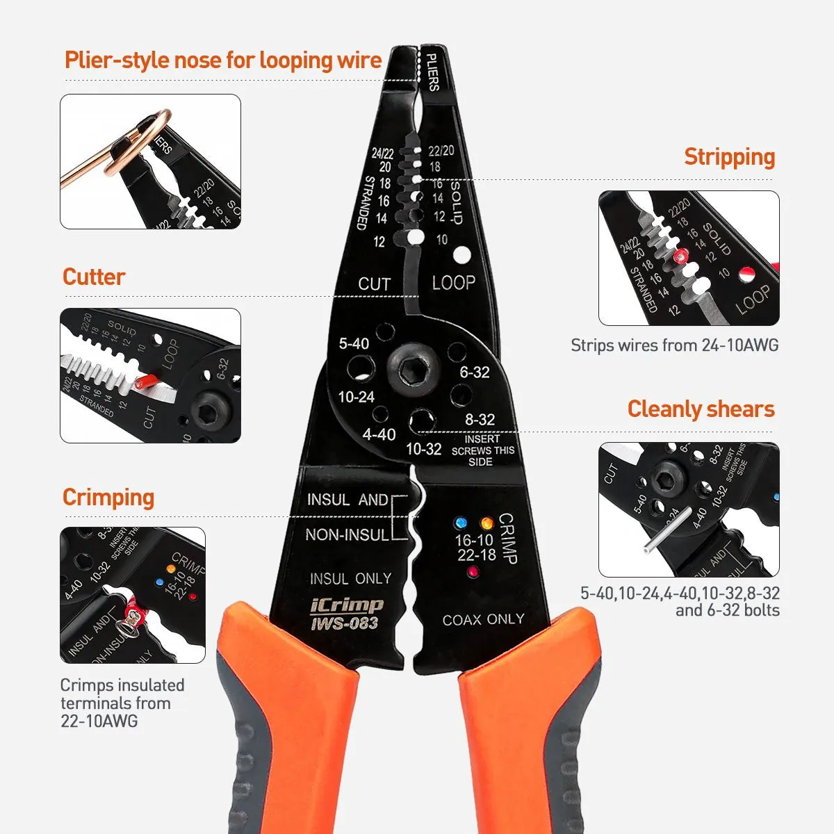 5-in-1 Multi-function Tool, 8" Wire Stripper, Cable Cutter, Crimper