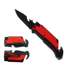 8 1/2" Folding Knife with LED light, cutter, glass breaker - Red