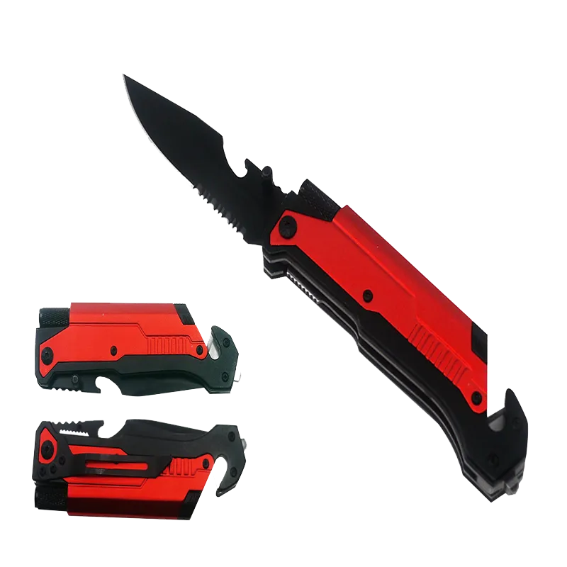 8 1/2" Folding Knife with LED light, cutter, glass breaker - Red