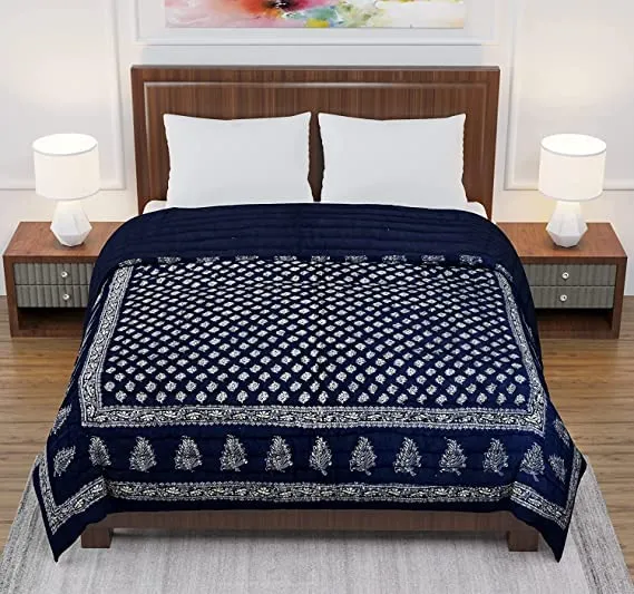 AKARSHAK 400 GSM Rajasthani Traditional Jaipuri Hand Block Print, Summer and Winter Cotton Double Bed Quilt Razai - King Size - (Blue DAI, Double Bad)