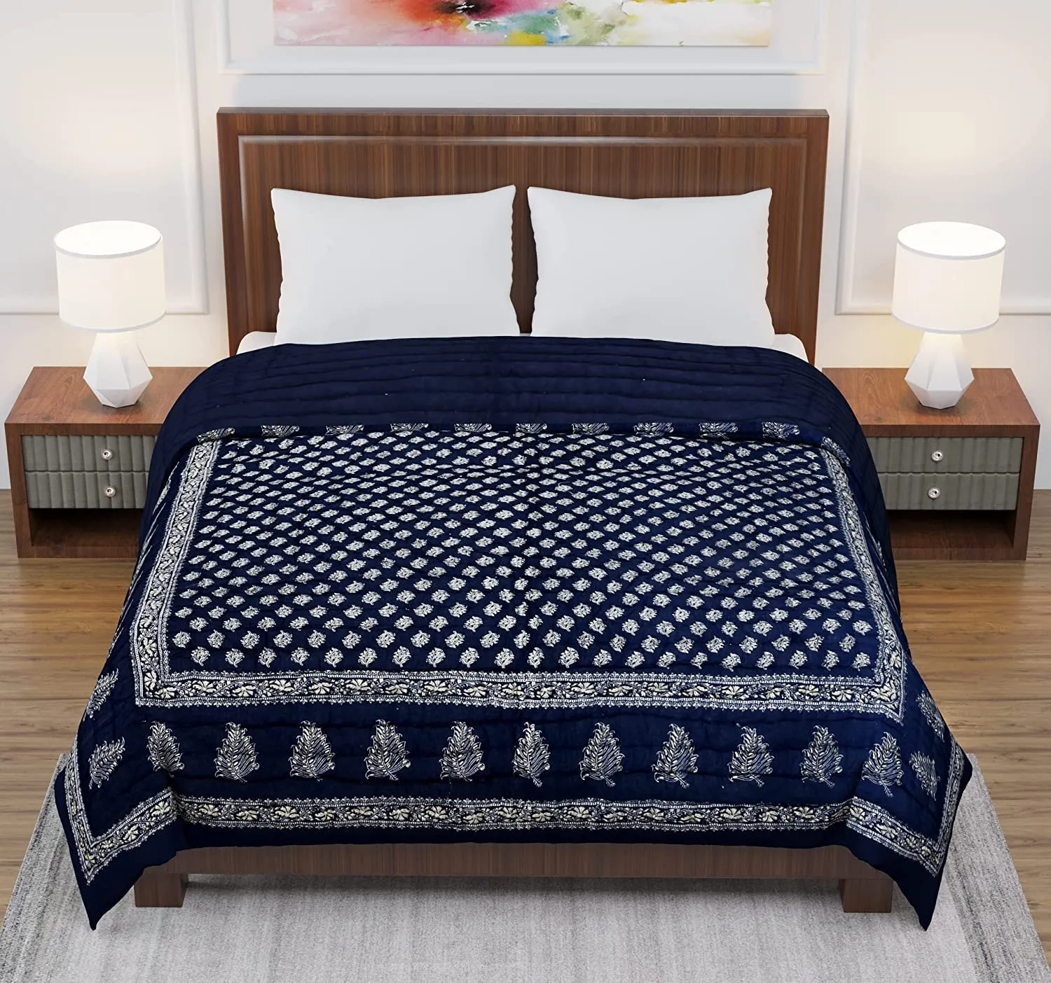 ARTELEXIA World Famous Jaipuri Light Weight Pure Cotton Traditional Rajasthani Print Blue Colour Double Bed Quilt/Razai/Rajai (Blue, Double Bed)