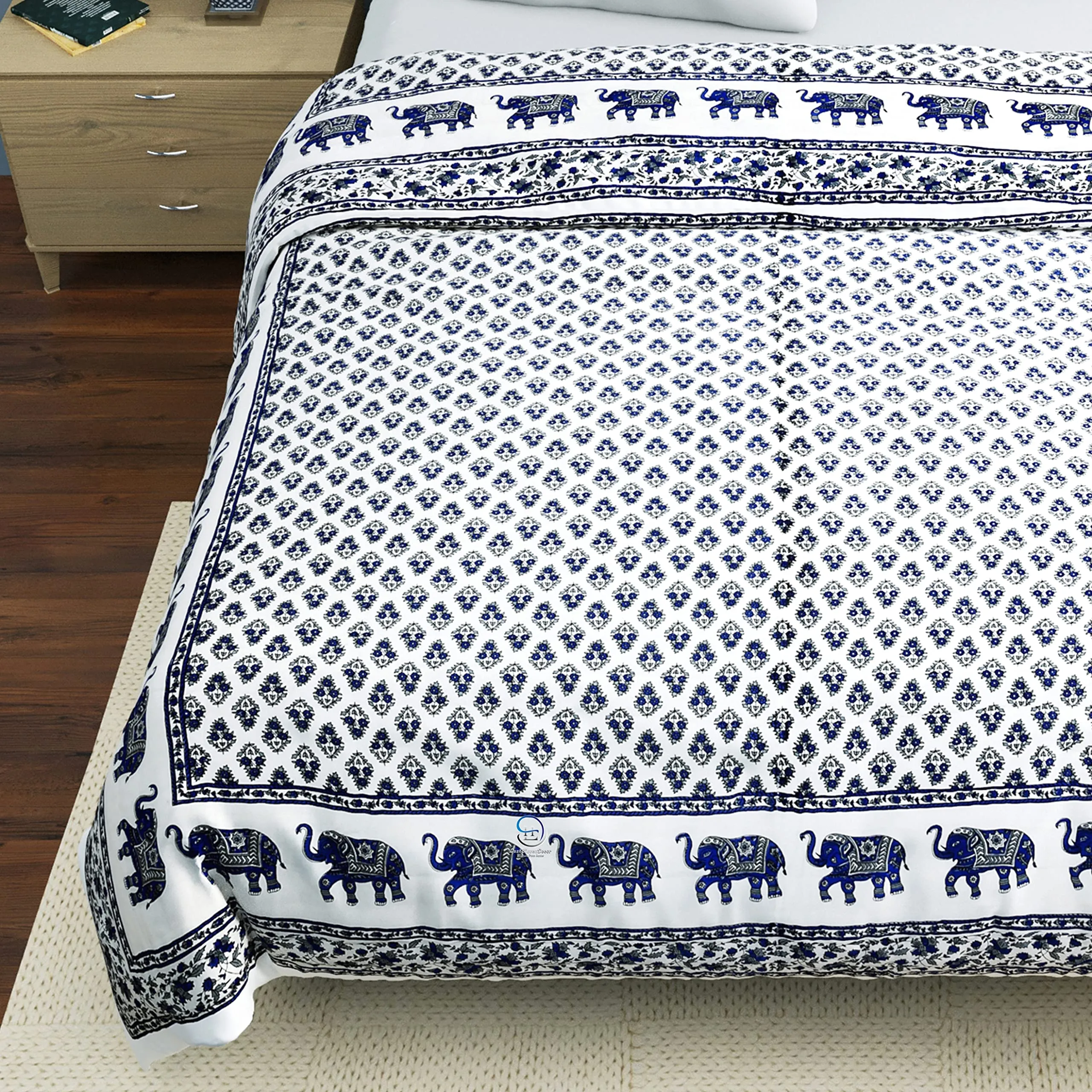 AUROSTYLE 400 Gsm Jaipuri Hand Block And Elephant Screen Printed Summer And Winter Cotton Double Bed Quilt Razai - King Size - 90 X 105 Inch (Double Bed, Design 4), Lightweight (Multicolor)