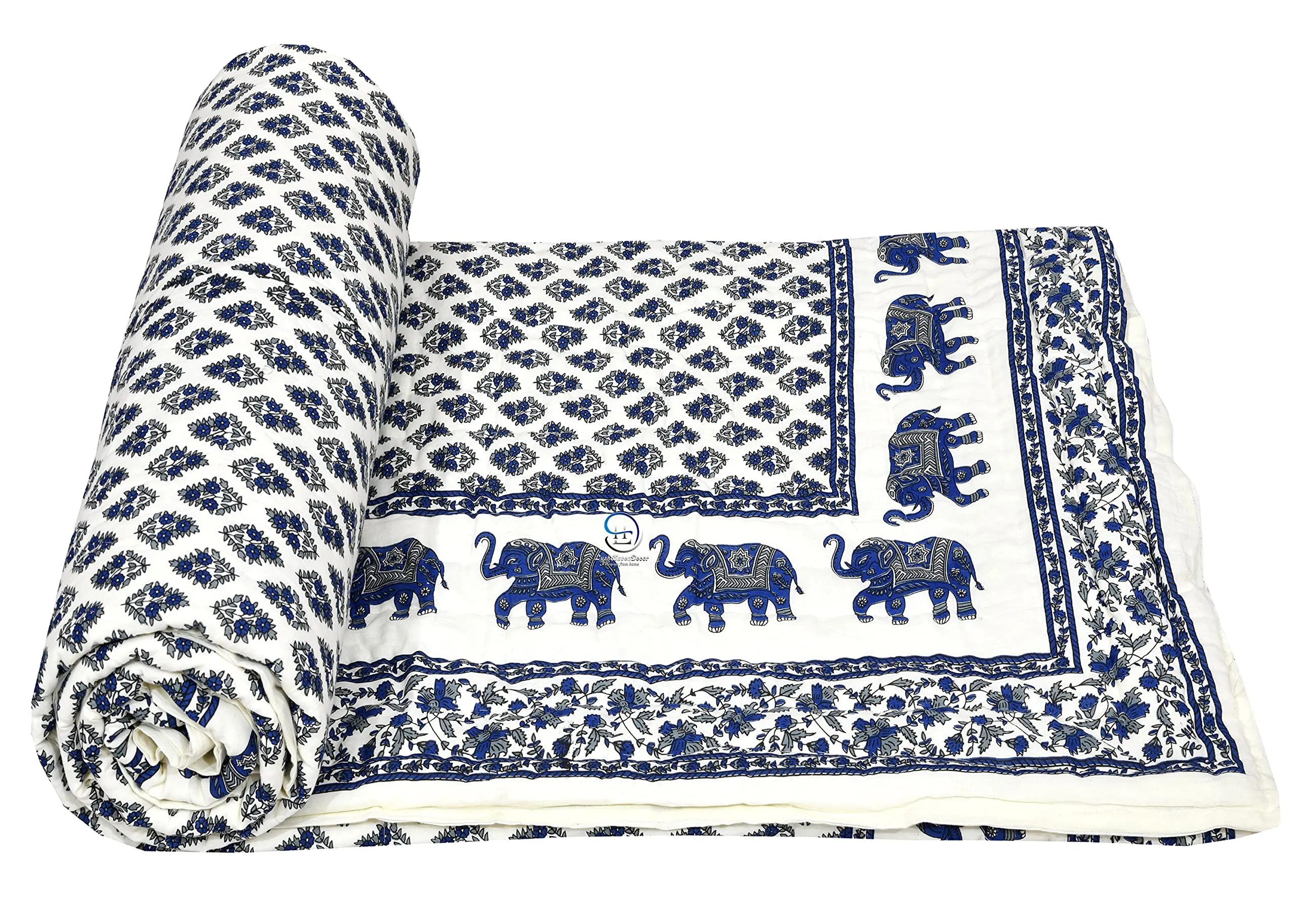 AUROSTYLE 400 Gsm Jaipuri Hand Block And Elephant Screen Printed Summer And Winter Cotton Double Bed Quilt Razai - King Size - 90 X 105 Inch (Double Bed, Design 4), Lightweight (Multicolor)