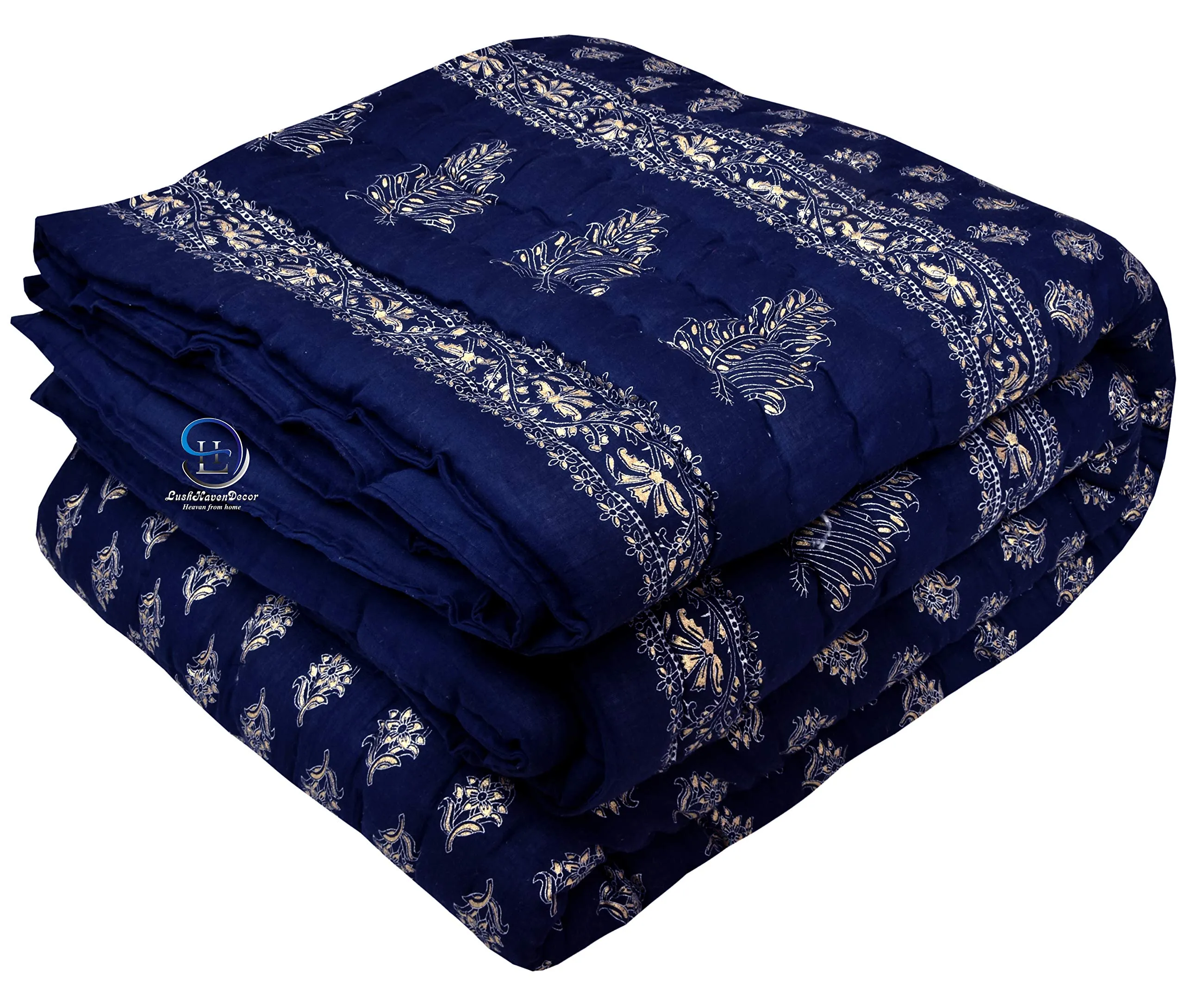 AUROSTYLE 400 TC Jaipuri Light Weight Pure Cotton Traditional Floral Print Design with Gold Print Single Bed Quilt/Razai/Rajai (Blue with Daie Gold Print, Single Bed)