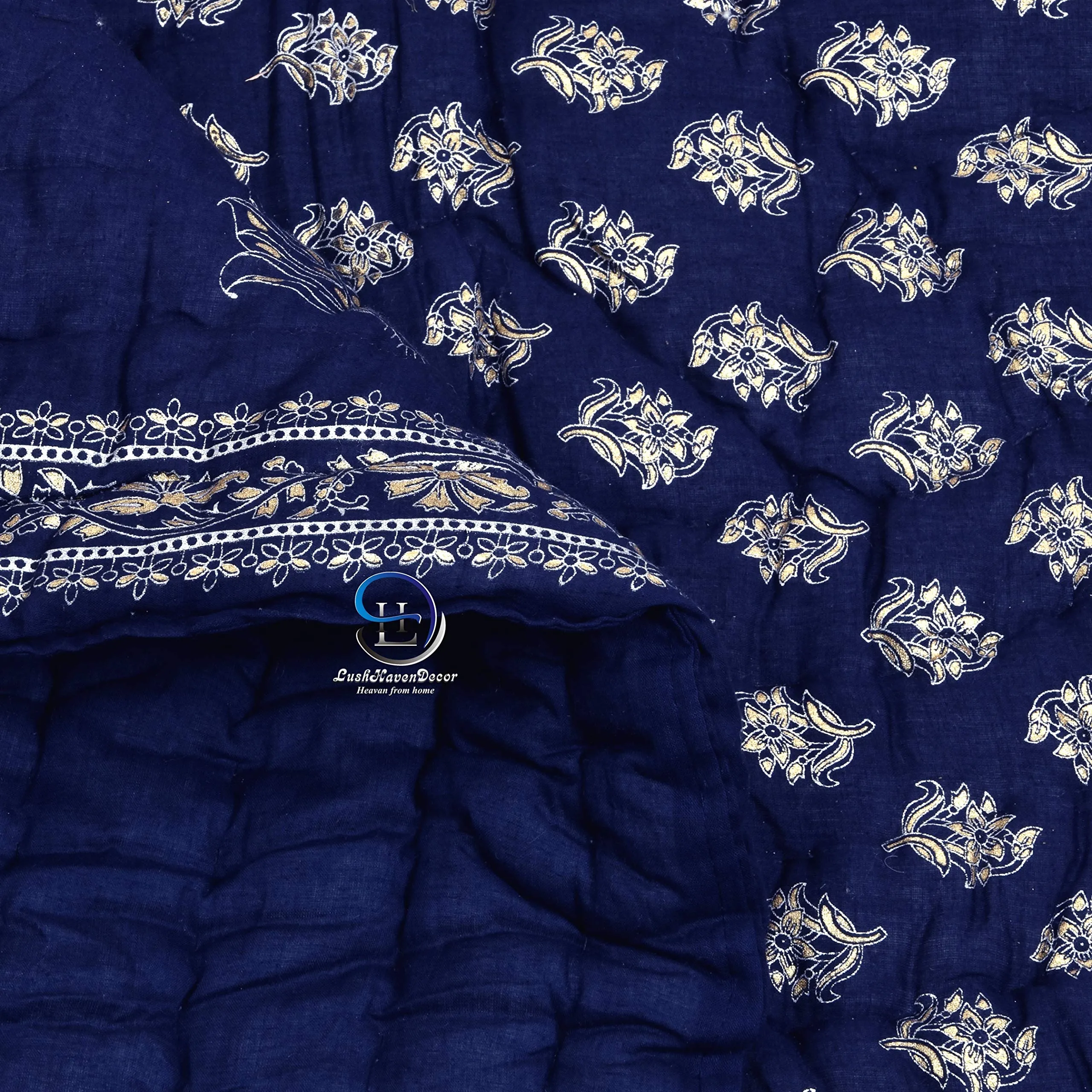 AUROSTYLE 400 TC Jaipuri Light Weight Pure Cotton Traditional Floral Print Design with Gold Print Single Bed Quilt/Razai/Rajai (Blue with Daie Gold Print, Single Bed)