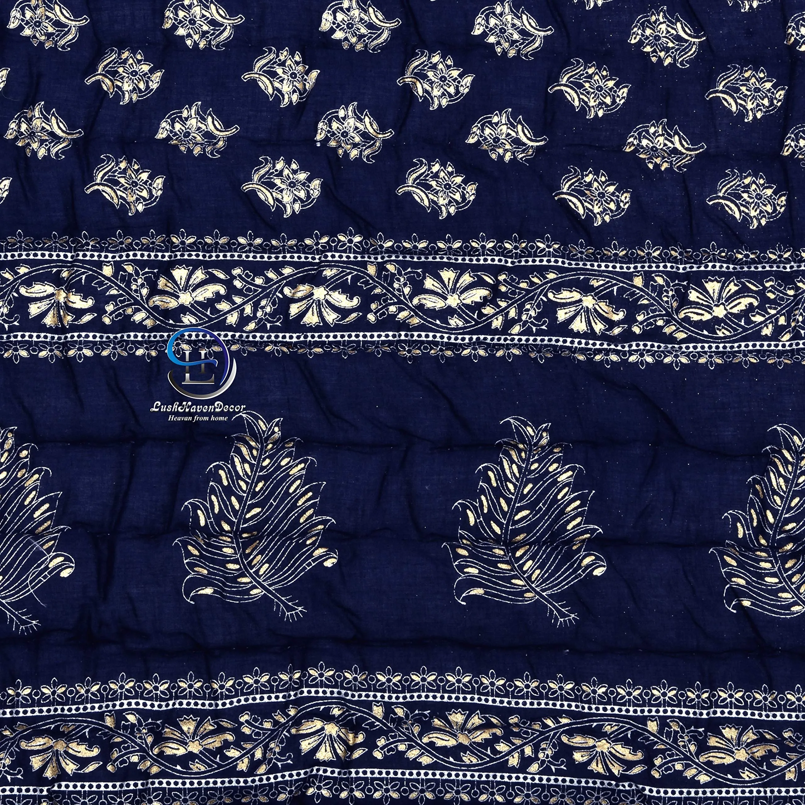 AUROSTYLE 400 TC Jaipuri Light Weight Pure Cotton Traditional Floral Print Design with Gold Print Single Bed Quilt/Razai/Rajai (Blue with Daie Gold Print, Single Bed)