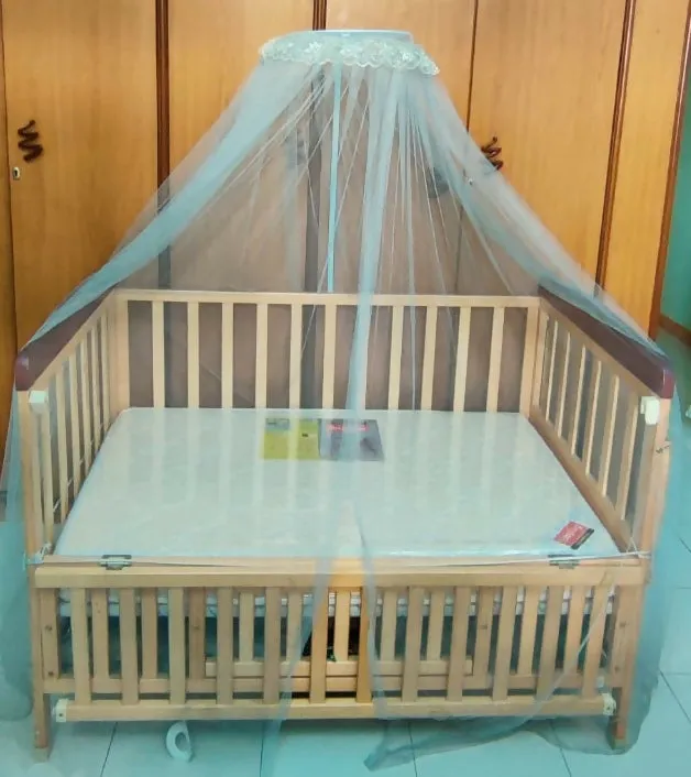 BABYHUG Hamilton Wooden Cot/Crib with Mosquito Net and BABYHUG Mattress, Dimensions: L115×W68×H89 Cm