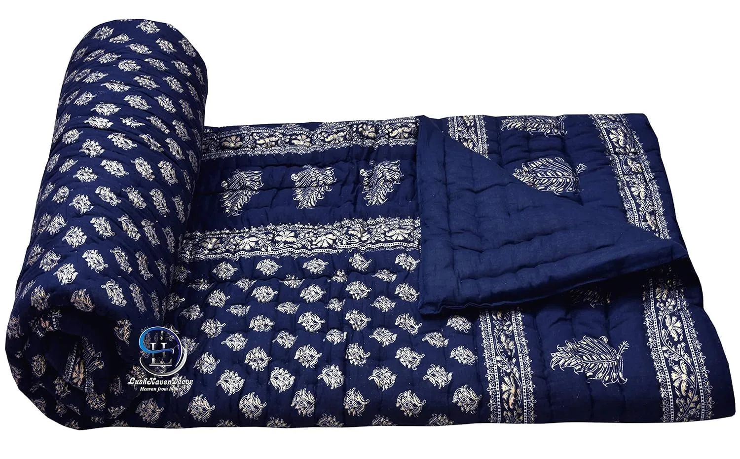 BLOCKSOFJAIPUR 400 TC Jaipuri Razai Light Weight Pure Cotton Traditional Floral Silver Golden Print Design with Gold Print Single Bed Quilt/Rajai (Blue with Daie Gold Print, Single Bed)