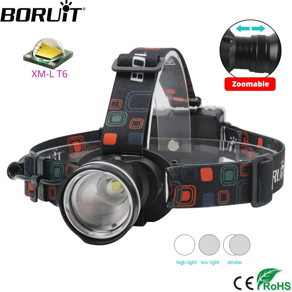 BORUiT RJ-2166 Zoom Headlamp LED Powerful Headlight Waterproof Head Torch Camping Hunting Flashlight Use AA Battery