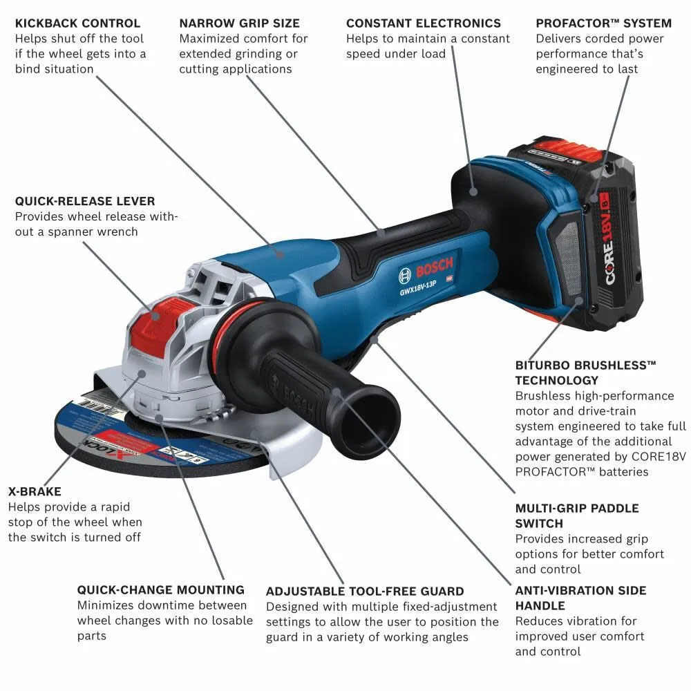 Bosch GWX18V-13CB14 PROFACTOR 18V X-LOCK Connected-Ready 5 – 6 In. Angle Grinder Kit with (1) CORE18V 8 Ah High Power Battery