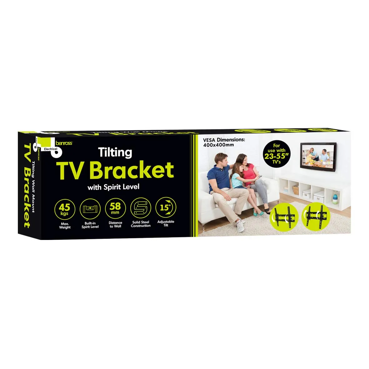 Bracket Wall Mounted Holds TV 23-55 inch, 45kg Load, 15° Tilting Angle