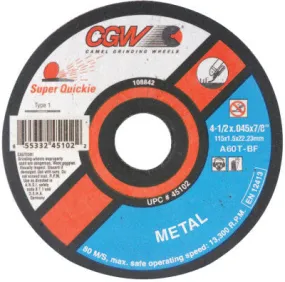 CGW Abrasives Reinforced Cut-Off Wheel, Type 27, 6 in Dia, .045 in Thick, 60 Grit Alum. Oxide, 45098