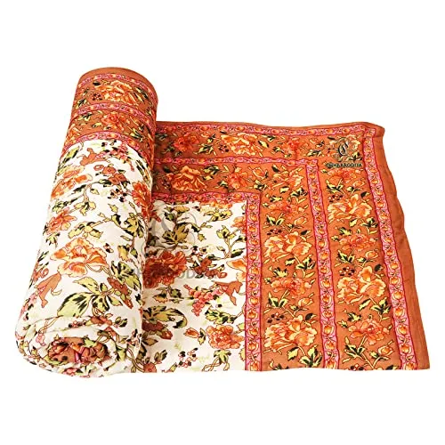 CHHAARODIYA Organic Cotton Jaipuri Razai Bed Blanket Ac Quilt for Winter and Summer Soft Light Weight Rajasthani Traditional Rajai Cotton Comforter, (Color -Beigee, Double Bed Quilt, Pack of 1)