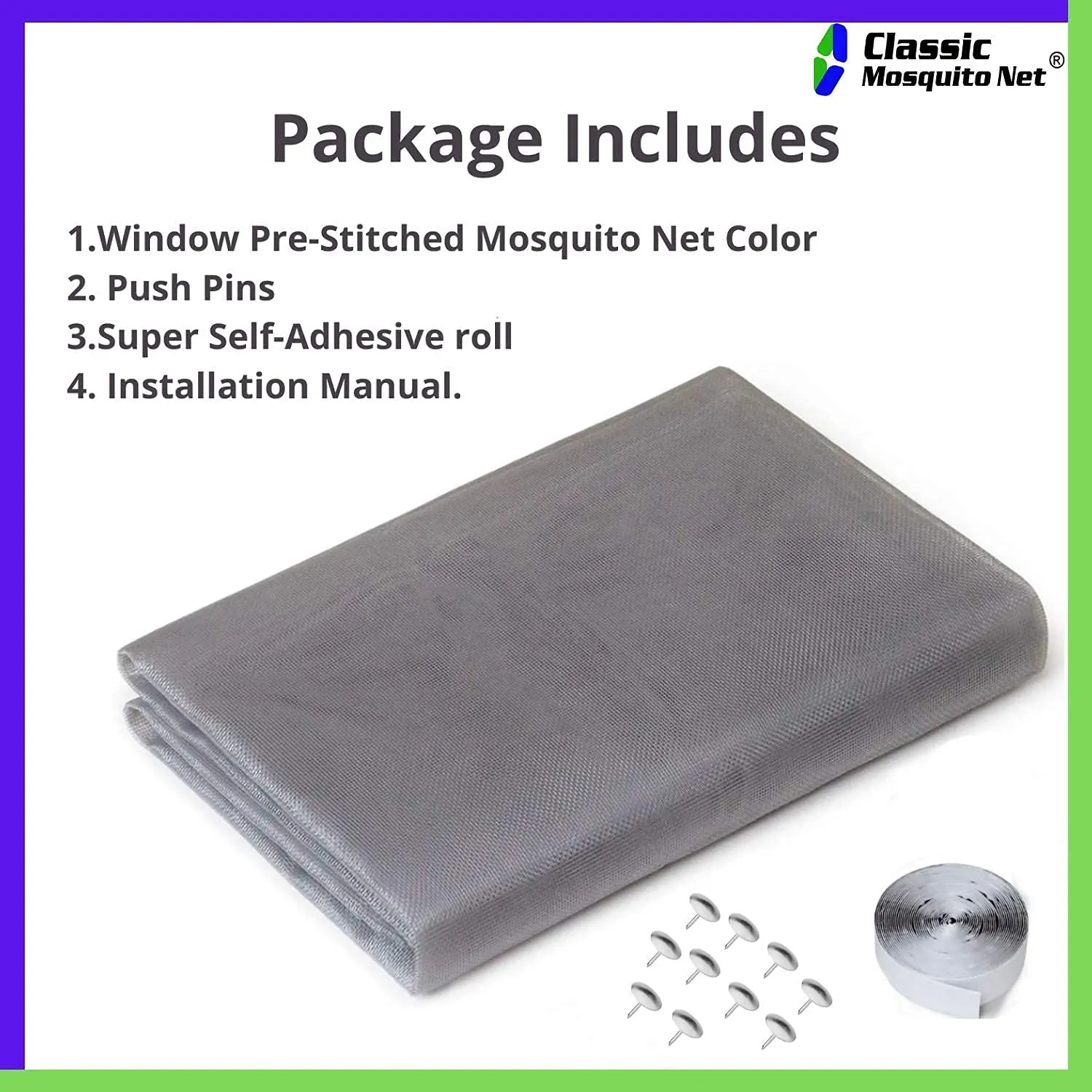 Classic Mosquito Net for Windows | Pre-Stitched (Size:100cmX120cm, Color: Grey) | Premium 120GSM Strong Fiberglass Net with Self Adhesive Hook Tape