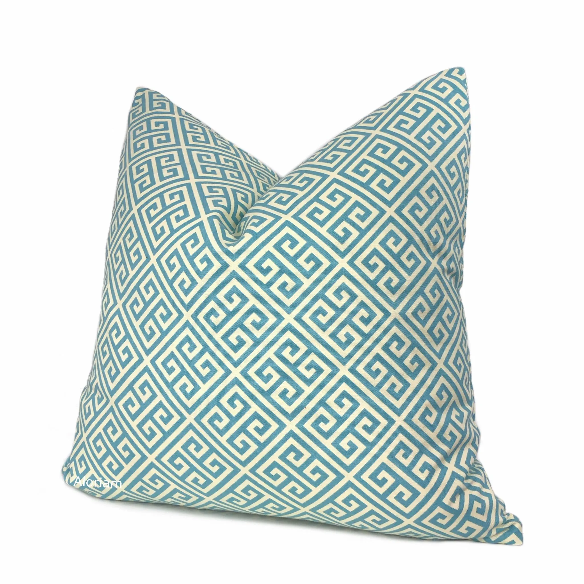 Corinth Spa Blue & Cream Greek Key Pillow Cover