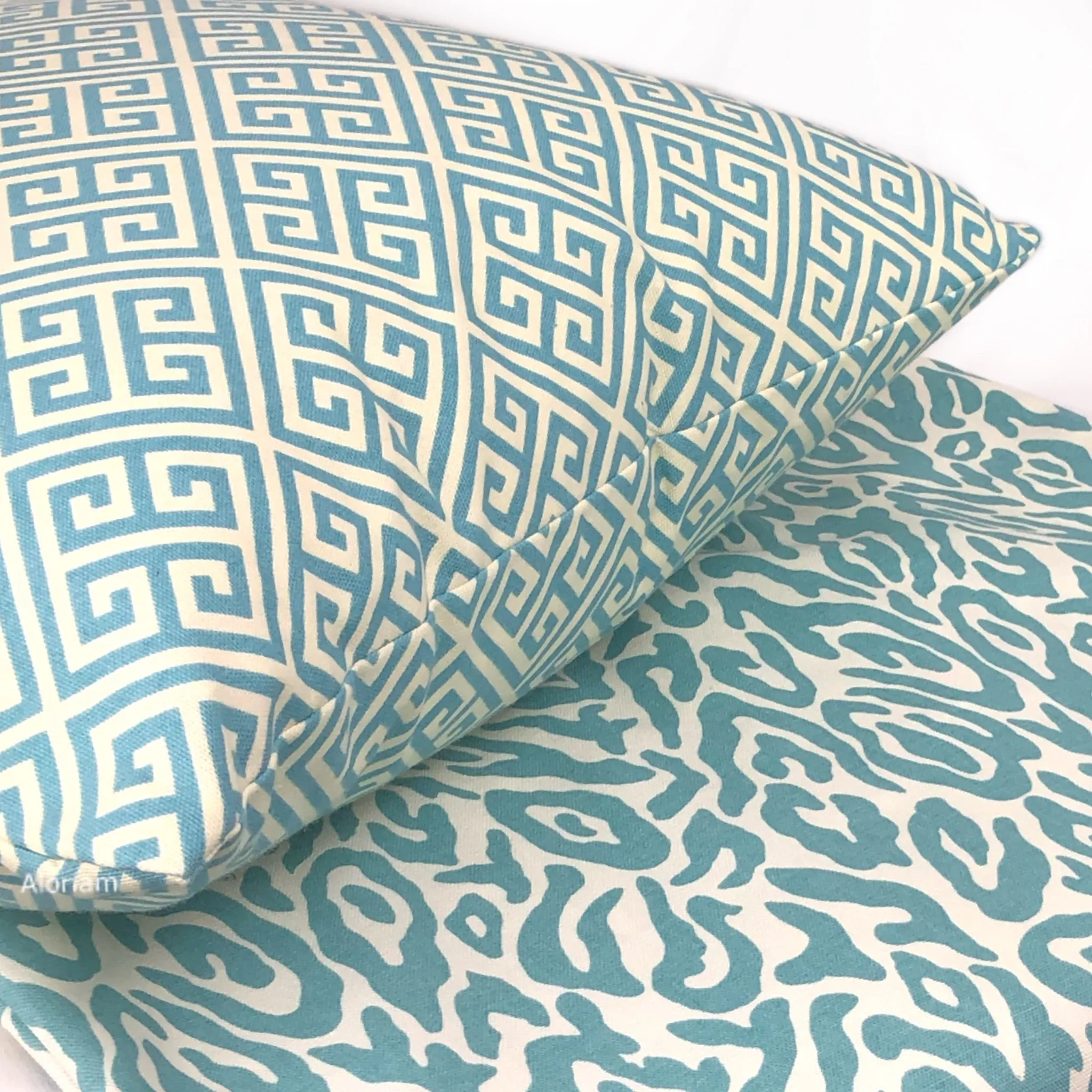 Corinth Spa Blue & Cream Greek Key Pillow Cover