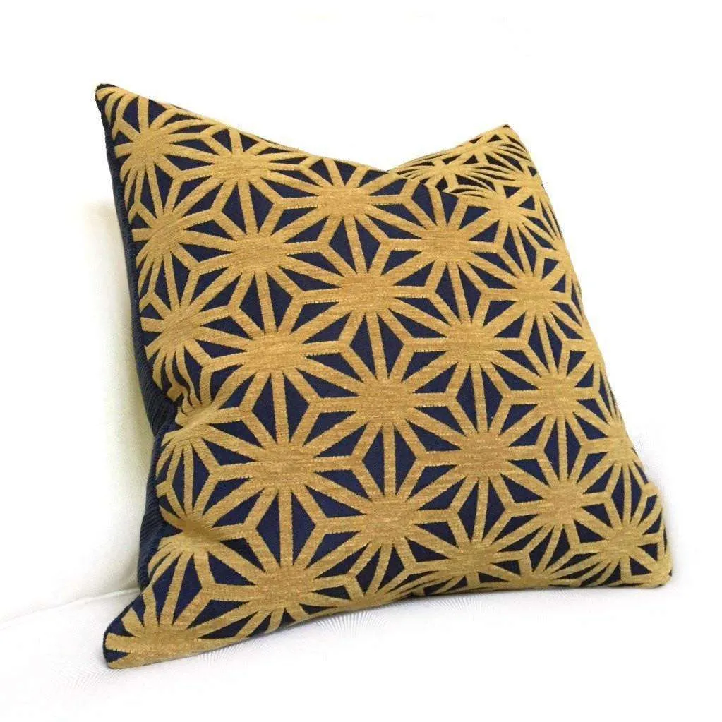 Designer Federalist Star Lattice Navy Blue Mustard Gold Geometric Pillow Cover