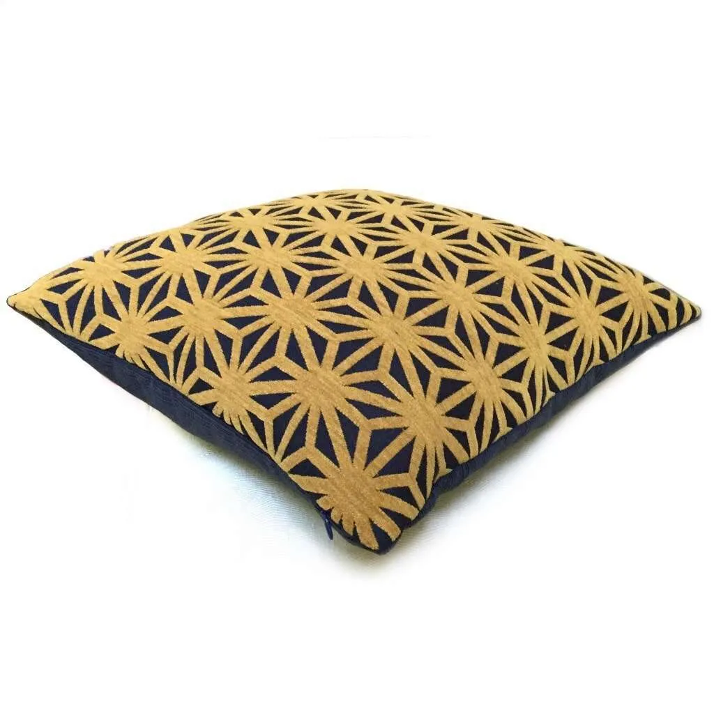 Designer Federalist Star Lattice Navy Blue Mustard Gold Geometric Pillow Cover