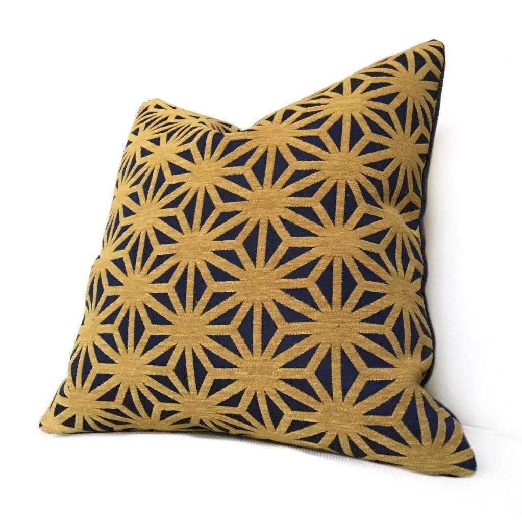 Designer Federalist Star Lattice Navy Blue Mustard Gold Geometric Pillow Cover