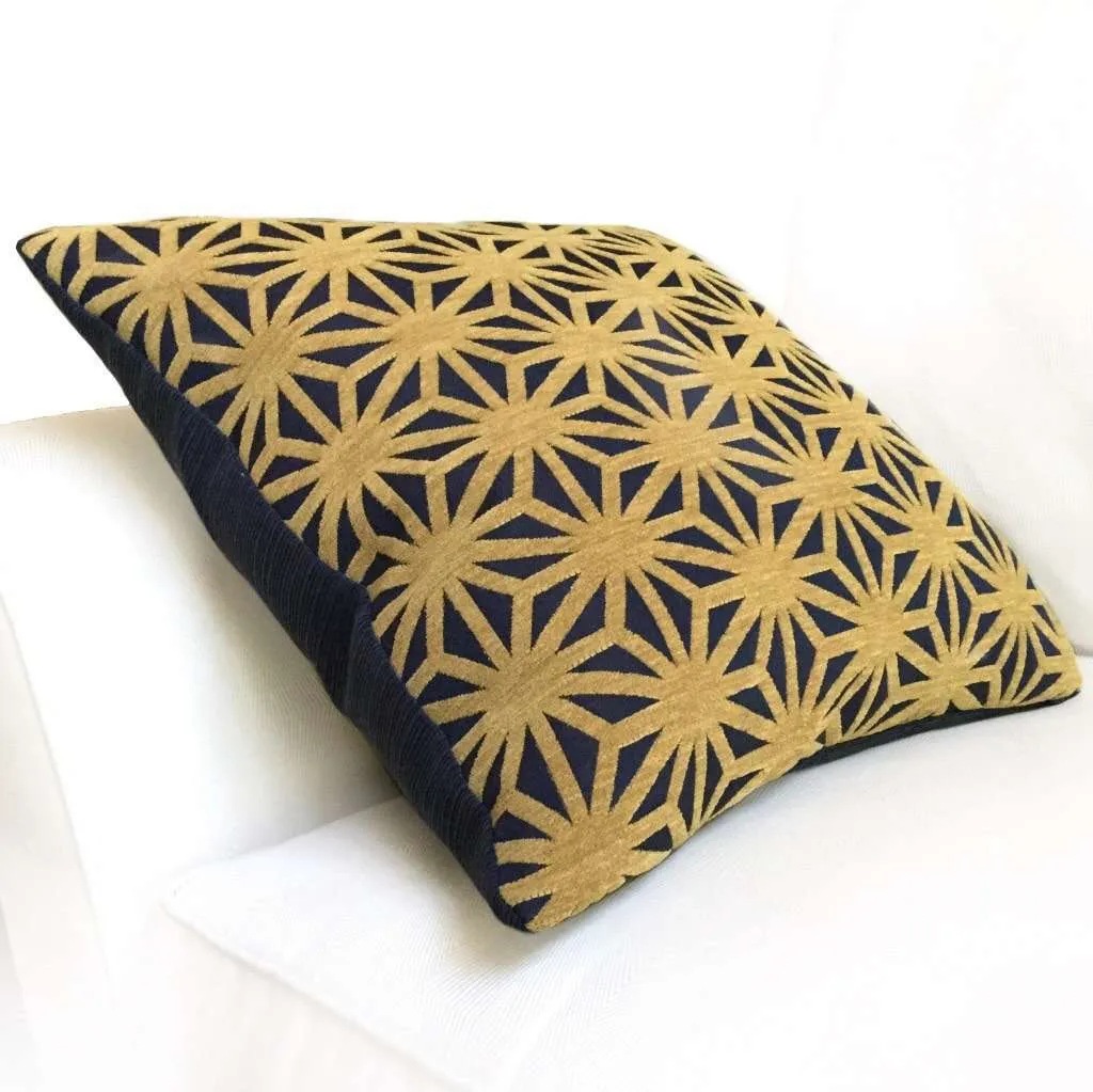 Designer Federalist Star Lattice Navy Blue Mustard Gold Geometric Pillow Cover