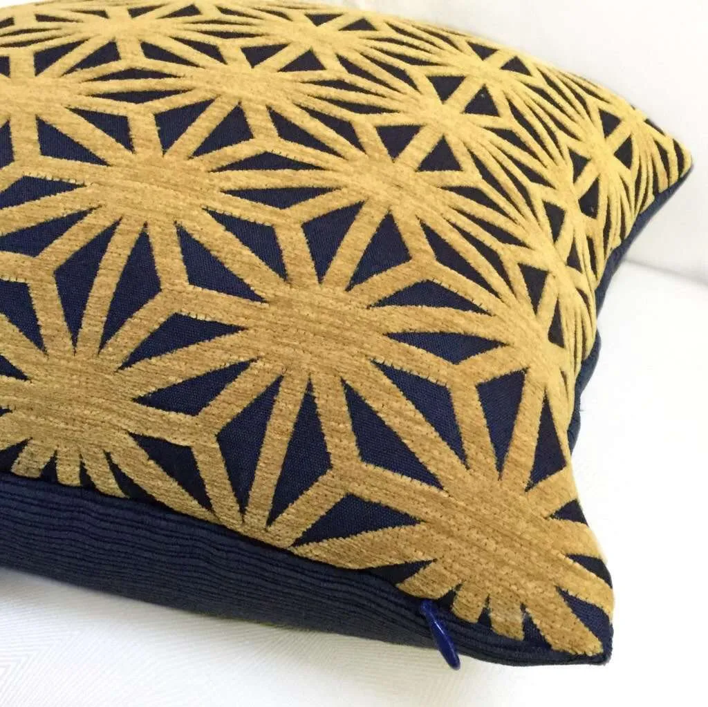 Designer Federalist Star Lattice Navy Blue Mustard Gold Geometric Pillow Cover