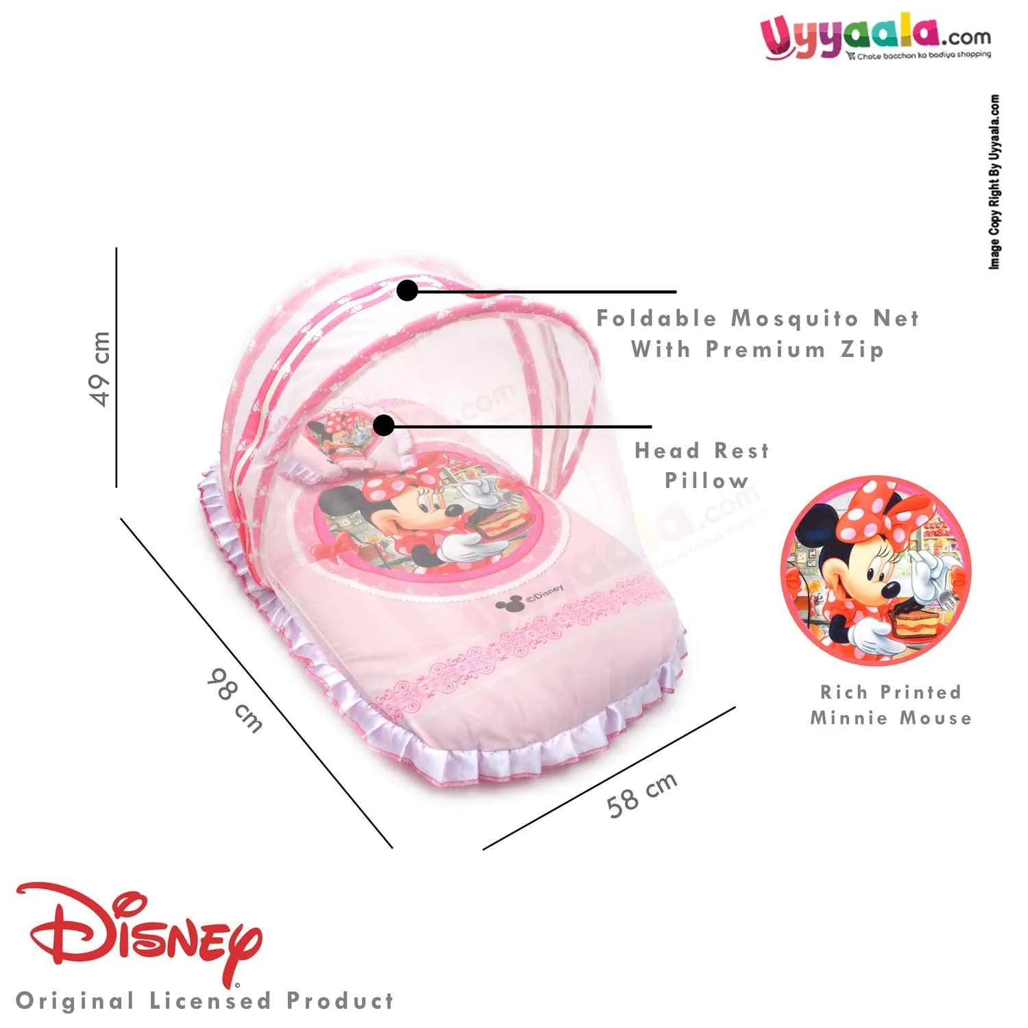 DISNEY Baby Bedding Set with Protection Net & Pillow Cotton, Minnie Mouse Print 0 m Age - Pink