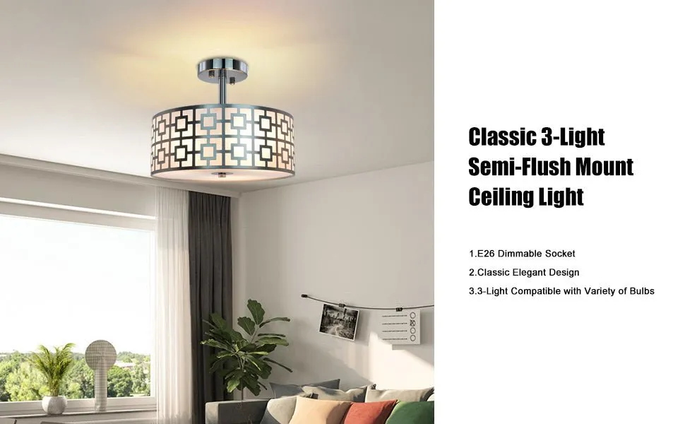 DLLT Stylish Semi Flush Mount Ceiling Lights, Iron Round Drum Cover Pendant lamp, Chandelier Lighting with 3 Bulb Socket in Chrome Finish for Bedroom Hallway Kitchen Entry Foyer Living Dining Room