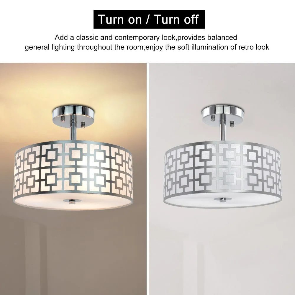 DLLT Stylish Semi Flush Mount Ceiling Lights, Iron Round Drum Cover Pendant lamp, Chandelier Lighting with 3 Bulb Socket in Chrome Finish for Bedroom Hallway Kitchen Entry Foyer Living Dining Room