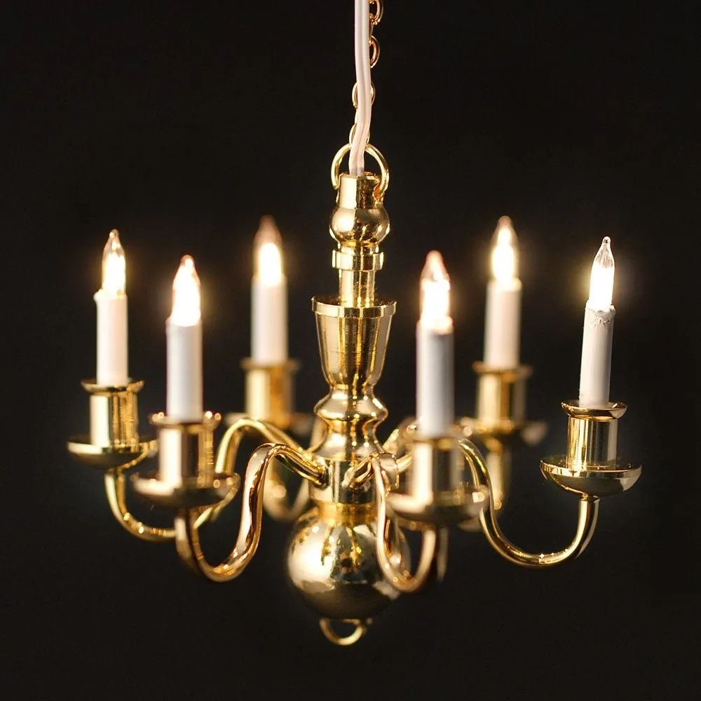 Dollhouse Miniature Chandelier Gold 6 Arm 1:12 Scale 12 Volt Electric