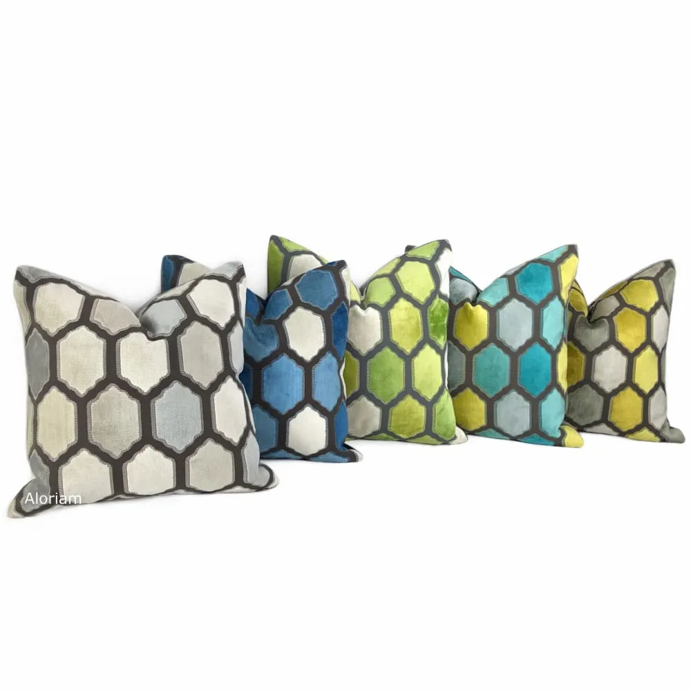 Dorsey Green Gray Geometric Tile Velvet Pillow Cover