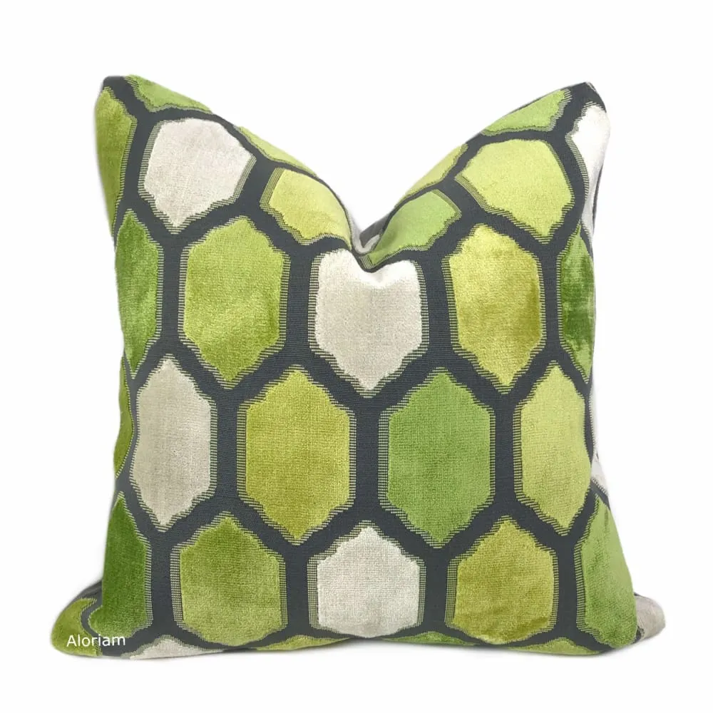 Dorsey Green Gray Geometric Tile Velvet Pillow Cover