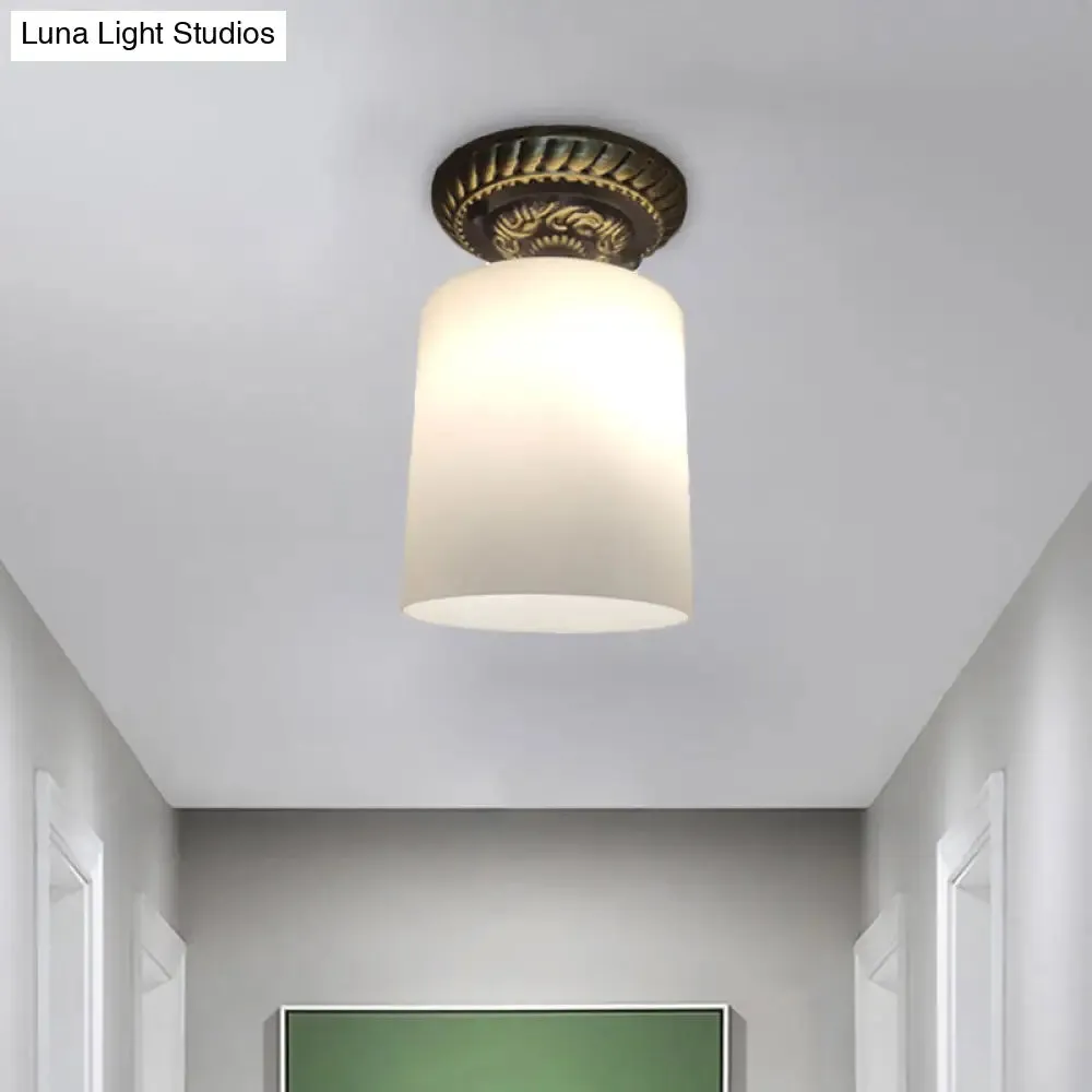 Farmhouse Bronze Flush Mount Ceiling Light with Milky Glass