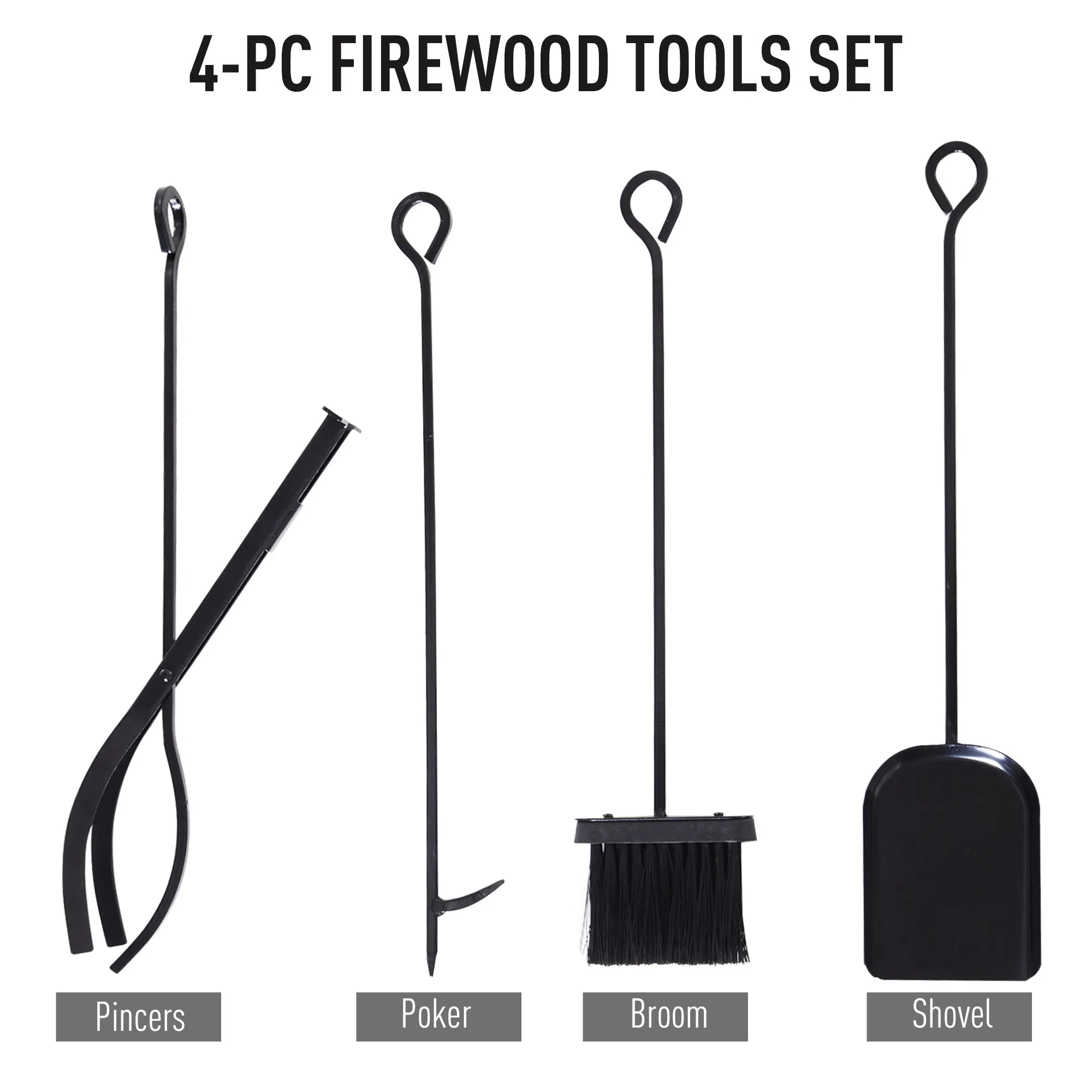 Firewood Stand Log Rack Holder 84cm with 4-PC Fireplace Tools Set, Indoor Outdoor, Metal, Black