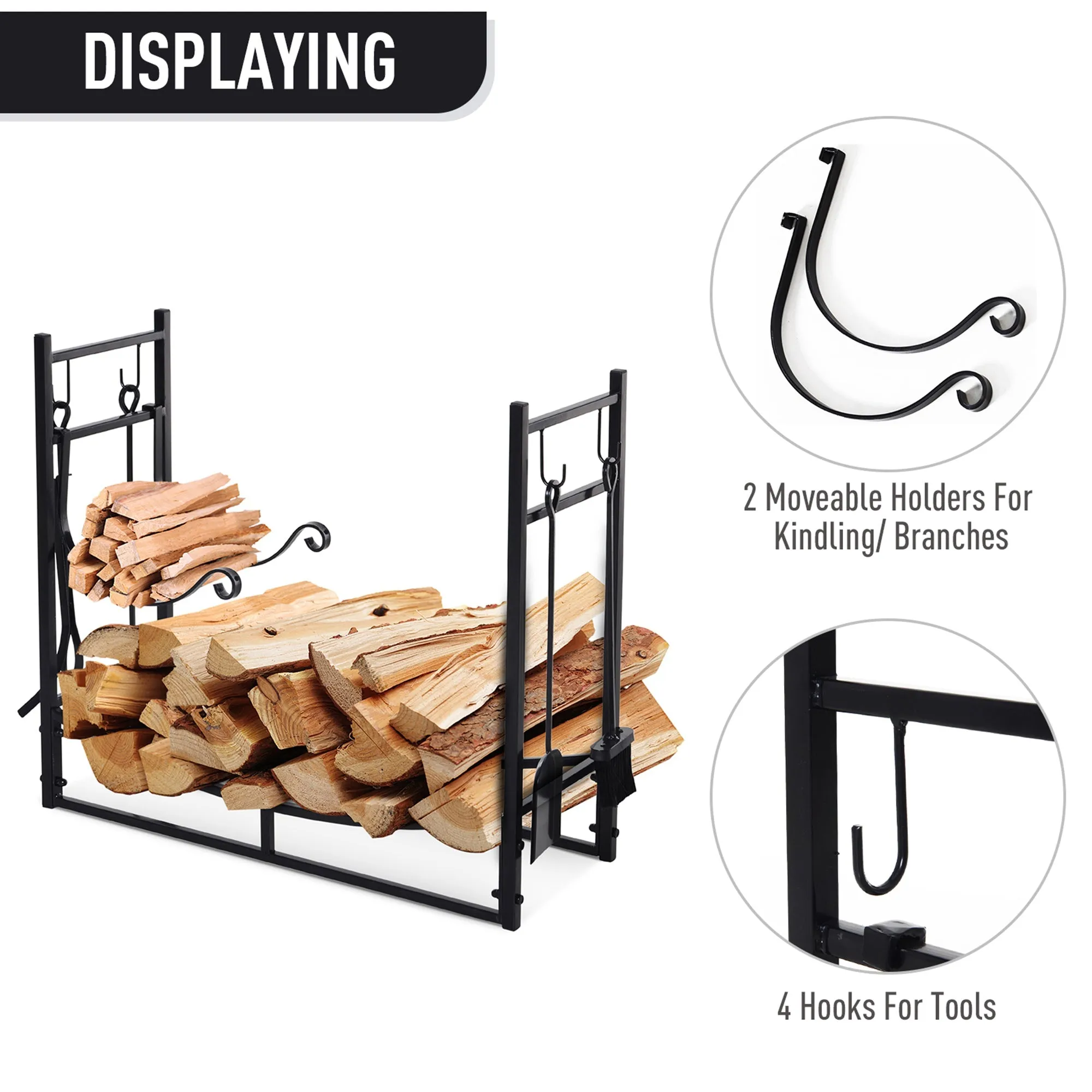 Firewood Stand Log Rack Holder 84cm with 4-PC Fireplace Tools Set, Indoor Outdoor, Metal, Black