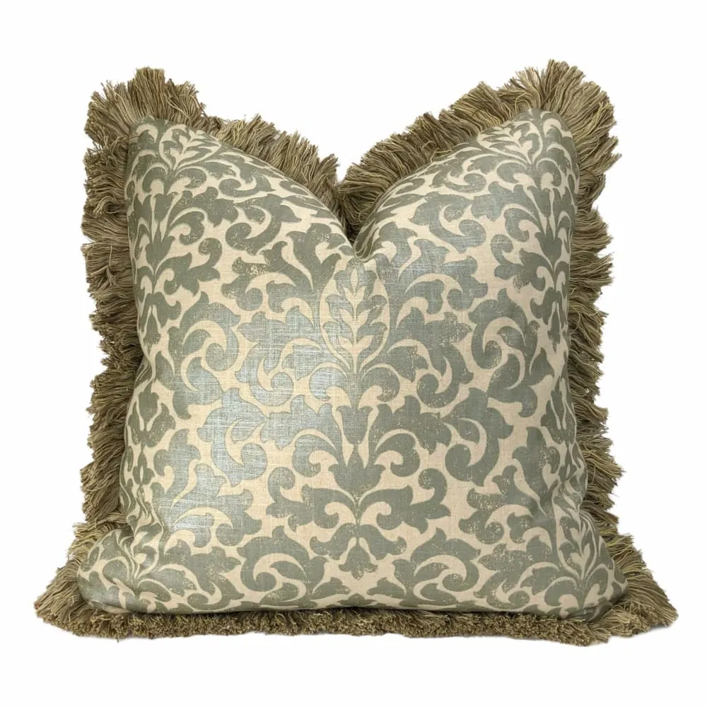 Gainsborough I Sage Green Beige Baroque Floral Damask Fringed Pillow Cover