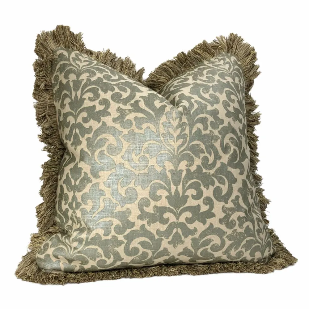 Gainsborough I Sage Green Beige Baroque Floral Damask Fringed Pillow Cover