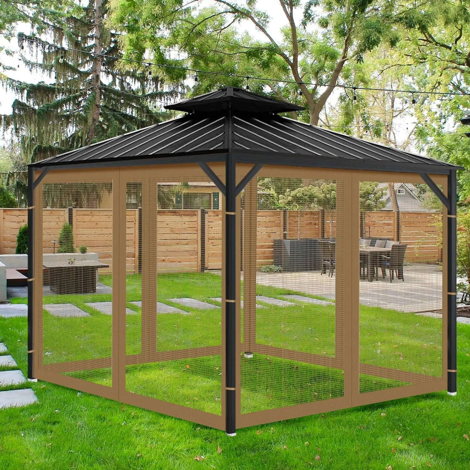 Gazebo Universal Replacement Mosquito Netting, 10' X 12' Outdoor Mesh Netting Screen 4-Panel Sidewall with Zipper for Patio Canopy Garden Porch Pergolas and Backyard, Khaki(Mosquito Net Only)