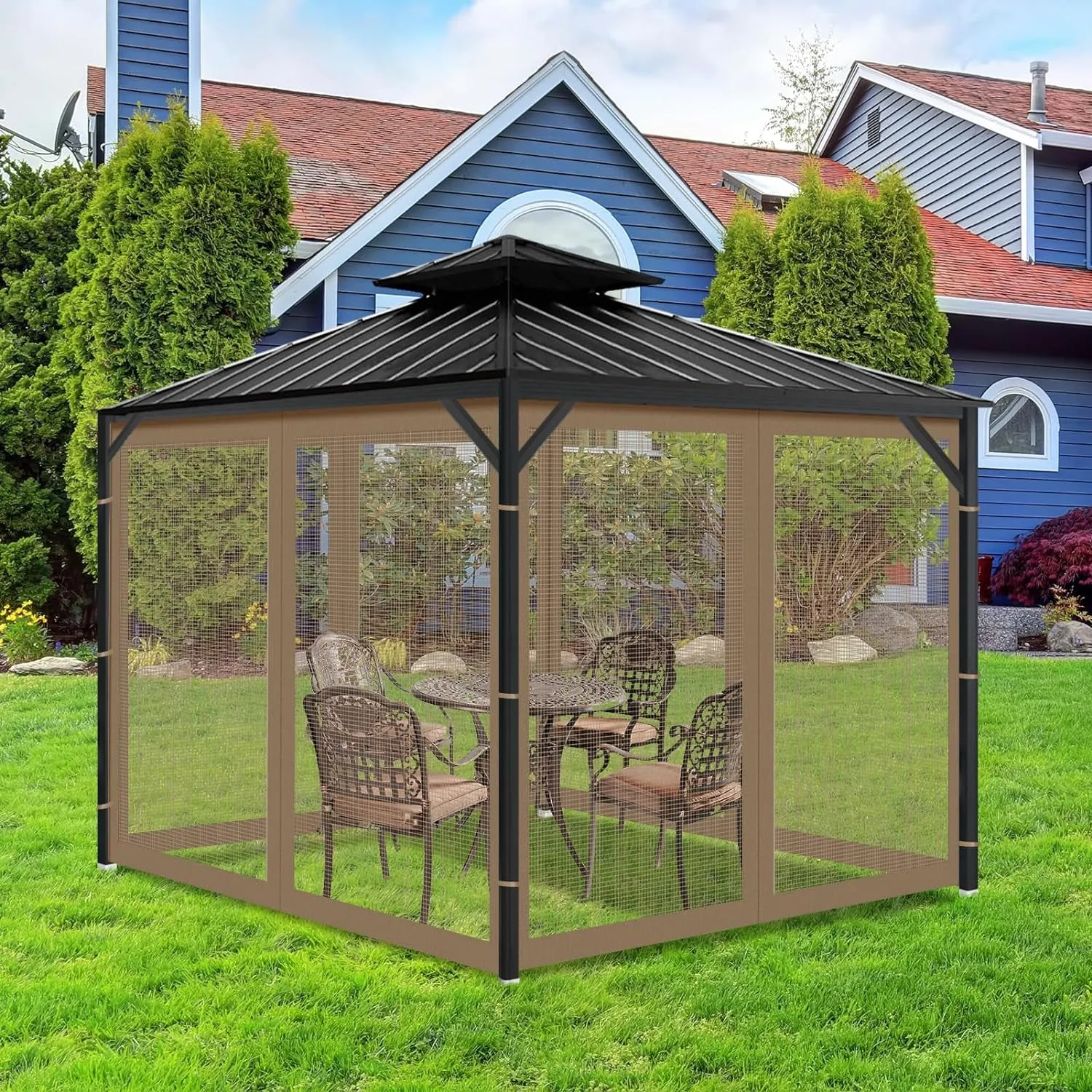 Gazebo Universal Replacement Mosquito Netting, 10'X10' Gazebo Netting Outdoor, 4-Panel Screen Walls for Outdoor Patio with Zipper (Mosquito Net Only) (Brown)