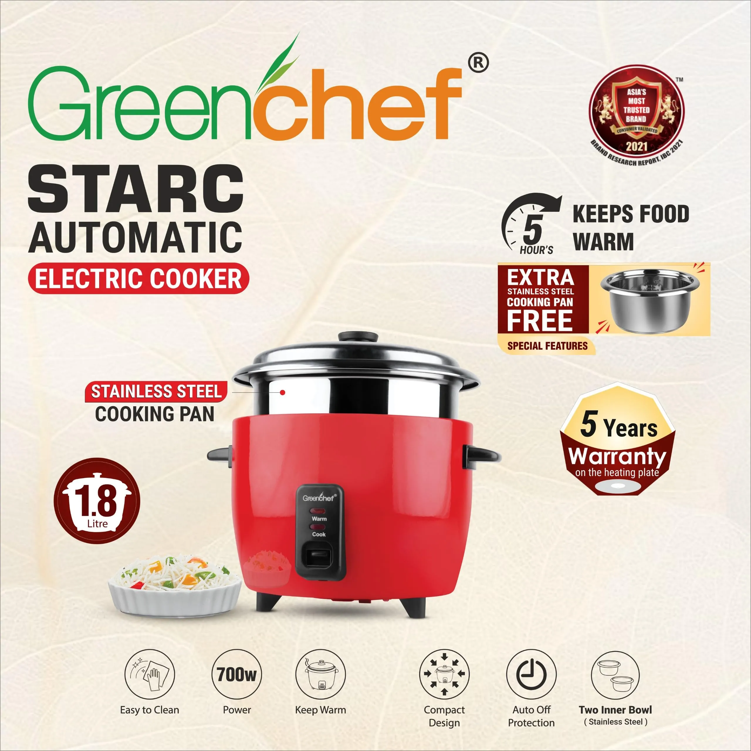 Greenchef Rice Cooker Starc 1.8L (With SS Bowl)