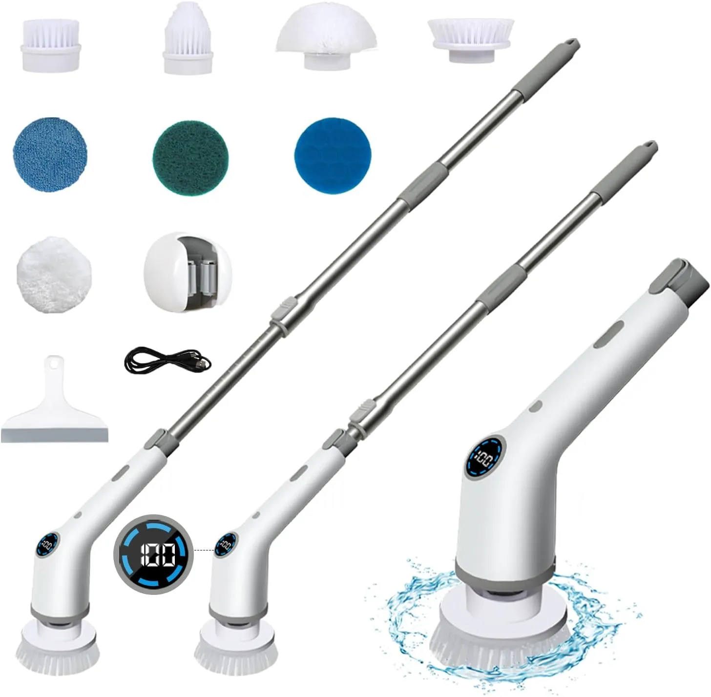 Gremap Cordless Electric Spin Scrubber with 9 Replacement Heads, Water Scraper, Mop Holder, 3 Adjustable Speeds and Adjustable Extension Handle for Bathtub Kitchen Floor