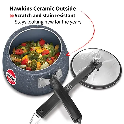 Hawkins 3 Litre Ceramic Nonstick Pressure Cooker, Induction Inner Lid Cooker, Granite Contura Shaped Cooker, Best Cooker (Icc30), 3 Liter