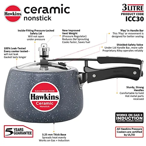 Hawkins 3 Litre Ceramic Nonstick Pressure Cooker, Induction Inner Lid Cooker, Granite Contura Shaped Cooker, Best Cooker (Icc30), 3 Liter