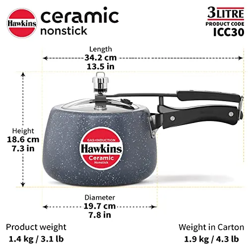 Hawkins 3 Litre Ceramic Nonstick Pressure Cooker, Induction Inner Lid Cooker, Granite Contura Shaped Cooker, Best Cooker (Icc30), 3 Liter