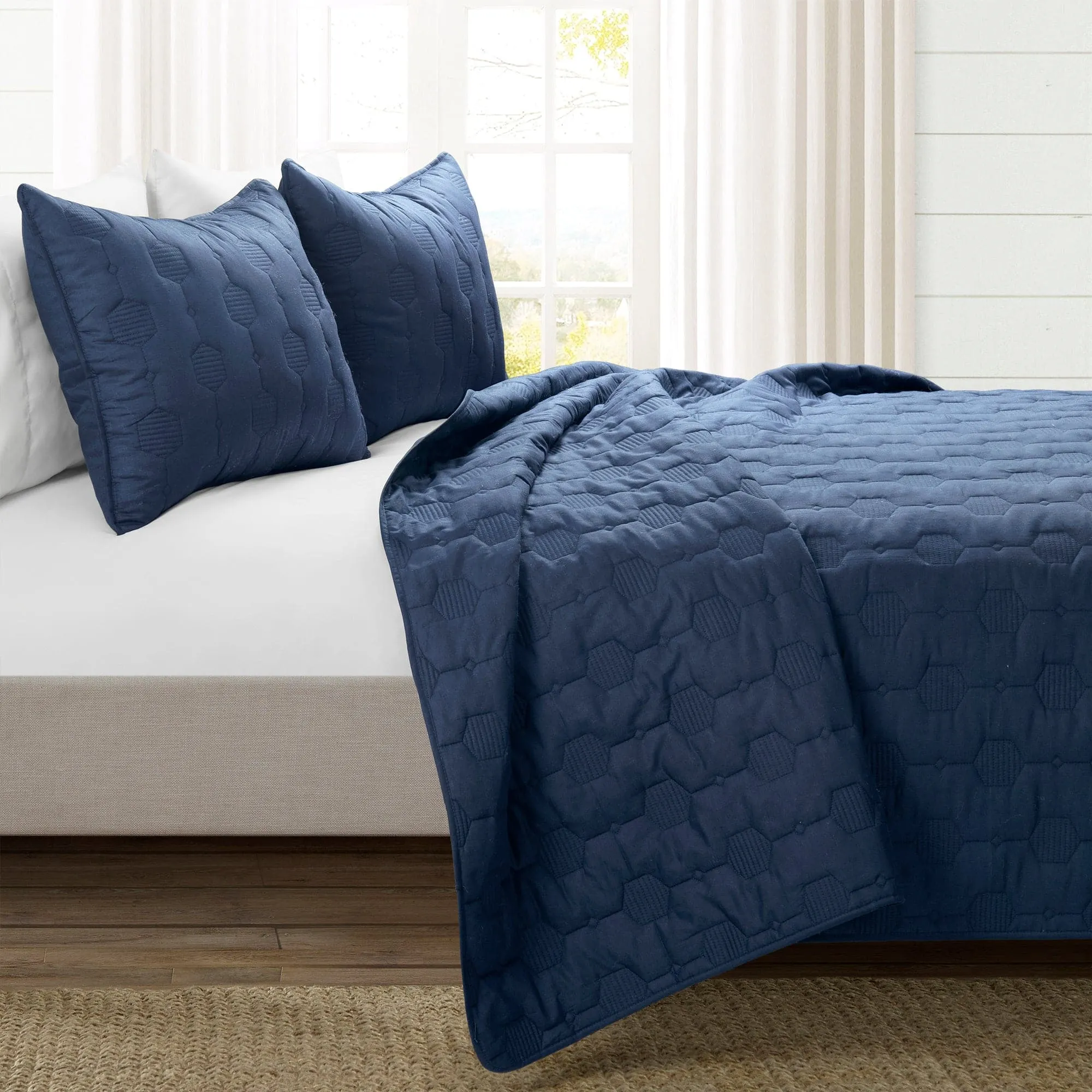 Hexagon Honeycomb Textured Cotton Quilt 3 Piece Set