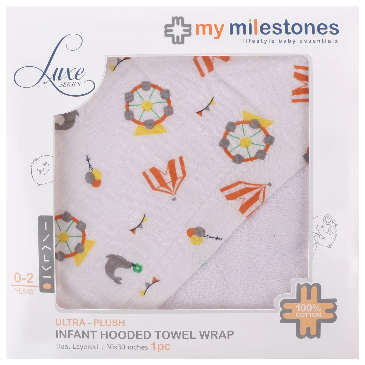 Infant Hooded Towel Wrap - Carnival Print White/Orange