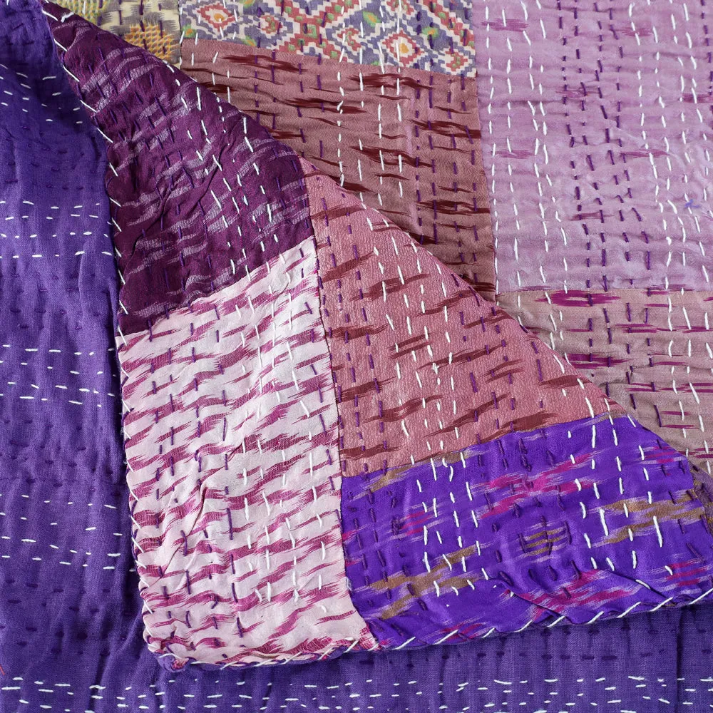 Khambadiya Kantha Patchwork Silk Cotton Quilt / Gudri / Blanket (108 x 90 in)